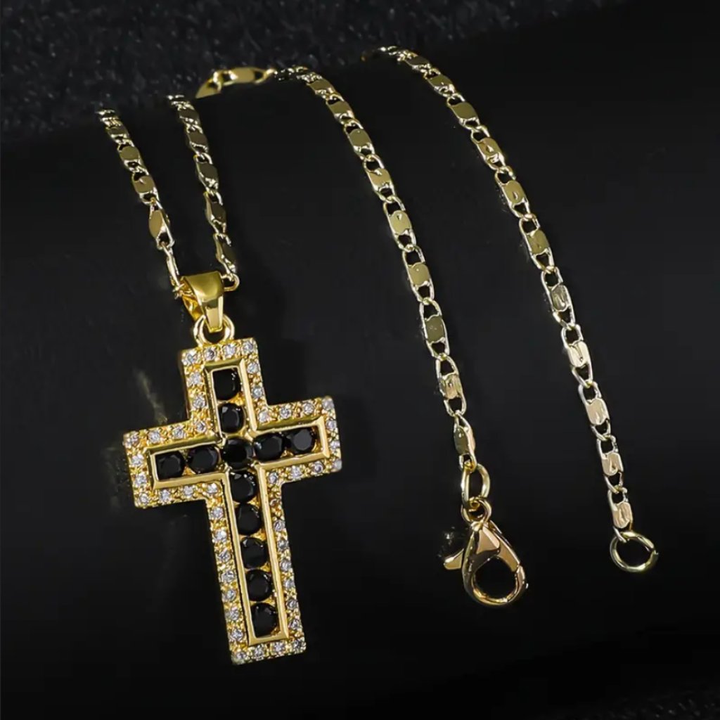 20" Mens 1ct Diamond & Black Onyx 14k Gold Chain Link Cross Necklace 14 K Silver